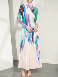 여자 T 셔츠 Miyake Pleated Suit Women 's Fashion Print 디자인 긴팔 탑 스커트 2 피스 세트