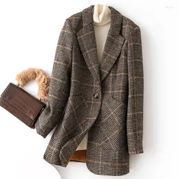 Women's Suits Autumn Winter Vintage Women Plaid Suit Woolen Jacket Ladies Slim Casual Wool Blazer Single Breastered Coat Traje A Cuadros