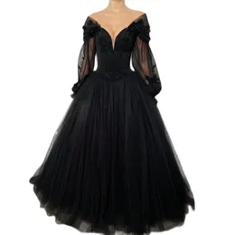 Black Gothic Prom Dresses V Neck Puffy Long Sleeve Evening Gowns Lace Appliques With Bead robes de soiree