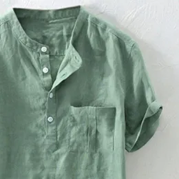 Męskie koszulki bluzka bawełna bawełniana luźna luźna mężczyźni swobodny lniany koszula krótkie rękawe mody Make Male Button T-O-Neck Solid Henley Tee Ubranie