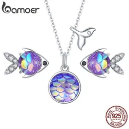 Pendant Necklaces 925 Sterling Silver Purple Fish Jewelry Set Happy Tropical Litte Earrings Necklace for Women Fashion SCE1028 221109