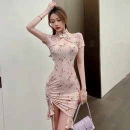 Etniska kläder kvinnor sexig ruffle slim qipao klänning lady elegant blommor tryck cheongsam koreansk stil nattklubb fest klänningar vintage vestidos