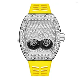 Zegarek oryginalne luksusowe pełne diamentowe mrożone i mrożone zegarek Bling-Ed Rose Gold Case Red silikonowy pasek kwarcowy dla mężczyzn