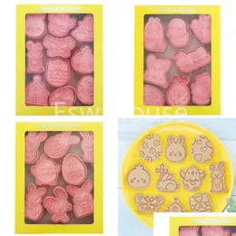 Baking Moulds Easter Cookie Mod 3D Diy Eggs Rabbit Bunny Stamp Biscuit Cutters Embossing Fondant Baking Tool Drop Delivery Home Gard Dh43H