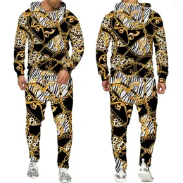 Agasalhos masculinos com estampa dourada corrente estampada em 3D conjunto de calças com capuz de treino de tamanho grande estilo de rua pulôver/calças/ternos masculino