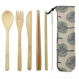 Geschirr-Sets 7-teiliges Holzbesteck-Set aus Bambusstroh mit Stoffbeutel, Messer, Gabel, Löffel, Stäbchen, Reise-Abendessen für Picknick