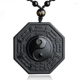 Pendant Necklaces Natural Black Obsidian Necklace Hand Carved Chinese Taiji BaGua Lucky Amulet Free Fashion Jewelry