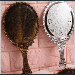 Mirrors Retro Handle Round Mirror High Quality Cosmetic Mirrors Portable Princess Looking Glass Compact Carving Pattern Lady Fashion Dhxsr