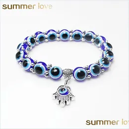 Perlen Mode Türkei Böse Blaue Augen Perlen Armbänder Stränge Männer Frauen Religiöse Hamsa Hand Charms Armband Armreifen Großhandel Juwel Dh3Mq