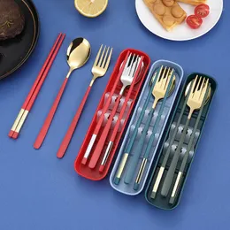 Geschirr-Sets, flacher Griff, Edelstahl-Besteck-Set, rutschfeste Essstäbchen, spiegelpoliert, Gabel, Löffel, Picknick-Geschirr, Utensilien für die Küche