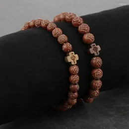 Link Bracelets Religious Rosary Natural Wooden Beads Prayer For Women Female Rose Beaded Cross Bracelet Elastic Ropes Chain Jewelry