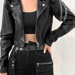 Women's Leather Faux Vangull Cropped Jacket Women Punk Harajuku Black Coat Woman Gothic Long Sleeve Overcoat With Chains Outwears Tops 221111