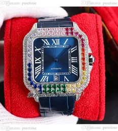 TWF TWWSSA0009 M8215 Orologio da uomo automatico con pavé di diamanti 40 mm Miyota Colori completamente ghiacciati Lunetta con diamanti Quadrante romano bianco blu Pelle Super Edition Puretime D4