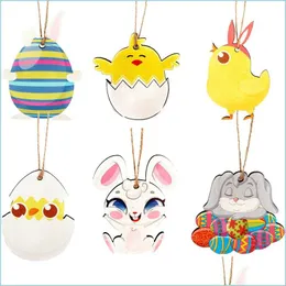 Party Favor Easter Wood Ornaments Chicken Bunny Shaped Wood Craft H￤ngande h￤nge med rep f￶r festdekor Drop Delivery Home Gar DHFKS