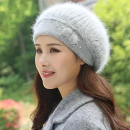 Berets Beret Women Winter Hat Angora Knit Beanie Warm Autumn Rhinestone Double Layers Skiing Outdoor Accessory For Female Headwear