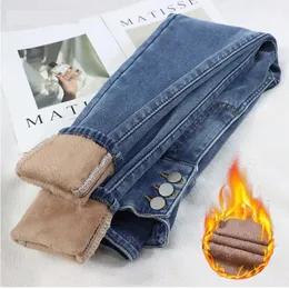 Kvinnor vinterfleece sammet varma jeans tjocka byxor med h￶g midja elastiska byxor mamma jean stretch blyertsbyxa varm ben