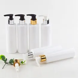 200 pz/lotto 200 ml bottiglia bianca in plastica PET vuota con pompa a vite in alluminio oro/argento