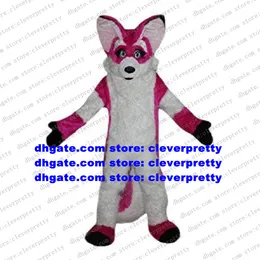 Costume della mascotte del lupo peloso della pelliccia lunga rosa Costume della mascotte del cane Husky della volpe Fursuit Personaggio dei cartoni animati per adulti Vestito Gioco reale Apri un business zx134