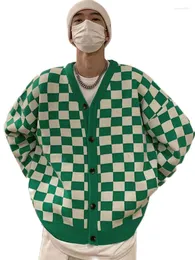 Herrtröjor Checkerboard Plaid tröja stickade pojkar Cardigan Spring Autumn V-Neck Trend College Coats Green Streetwear Homewear