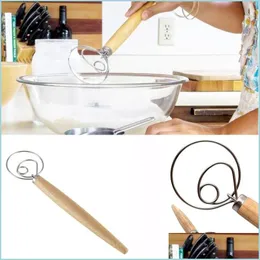 Baking Pastry Tools Egg Beater Flour Coil Whisk Oak Wood Handle Blender Diy Bread Dough Bakeware Stainless Steel Beaters Kitchen A Dh8Sb