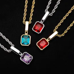 Hip Hop Iced Out Ruby Necklace Pendant for Women Men Bling CZ Diamond with Rope Chain