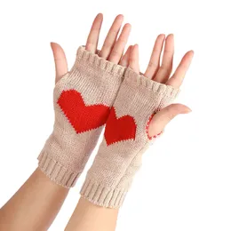 Tela de toque de inverno de Five Fingers Glove engrossar malha quente amor impressão de coração mitten sem dedos esqui externo 221111