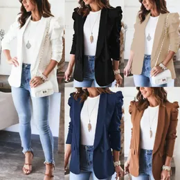 Ternos femininos Mandylandy Mulheres elegantes Autumn Winter Slim Blazer Coat Moda Fashion Casual Longo Puff Sleeve Sopela de lapela aberta