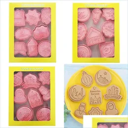 Baking Moulds Eid Mubarak Cookie Mod 3D Diy Ramadan Islamic Muslim Stamp Biscuit Cutters Embossing Fondant Baking Tool Drop Delivery Dhksp