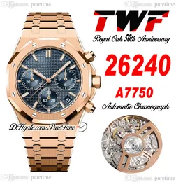 50 -årsjubileum A7750 Automatisk kronograf Mens Watch 2624 ETA 41mm Rose Gold Blue Textured Stick Dial Rostfritt stål Armband Oak Super Edition Puretime G7