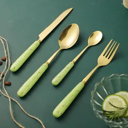 Conjuntos de utensílios de jantar 16 pcs conjunto de talheres de ouro em aço inoxidável alça de cerâmica Facas Forks Spoons Cozinha Completa Tableware