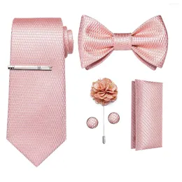 Papillon tinta unita rosa plaid per uomo moda uomo cravatta da taschino quadrato gemelli set collo clip e spilla