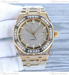 1540 Voll asphaltierte Diamanten A3120 Automatische Herren Watch Yellochgold Baguette Diamond Ice Out Stick aus Edelstahl Armband Eichenjuwelry Uhren Super Edition Reinzeit 3