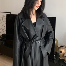 Pelle sintetica da donna Lautaro Primavera Autunno Trench nero oversize lungo per donna Fusciacca Bottone singolo Sciolto Elegante moda coreana 221111