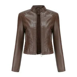 Women's Leather Faux Moto Biker Zipper Jacket Short Motorcycle Spring Autumn Coat Veste Femme Chaqueta Mujer Black Coffee 221111