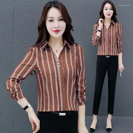 Men's Casual Shirts Long Sleeve Office Lady Button Up Shirt Striped Vintage Women Ladies Tops Camisas Para MujerAutumn Chiffon