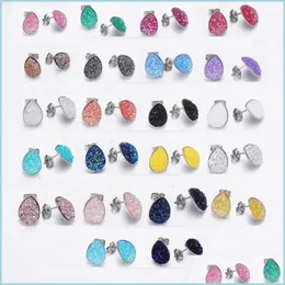 스터드 디자이너 워터 드롭 수지 Druzy Drusy Stud Earrings Teardrop Stainless Steel Handmade Studs women jewelry drop delivery dhkb0