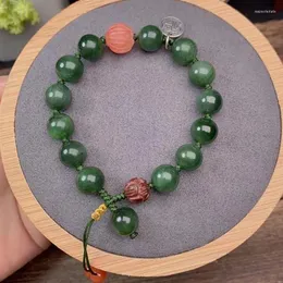 Strand Wholesale Green Natural Stone Bracelet 9mm Round Beads With Red Lotus Fu Charm Bracelets For Women Girl Gift Fashion Jewelry