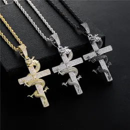 Colares de pingente de lúpulo de quadril 18k Dragon Twines Cross Cross Gold Silver Plated Iced Out Zircon Mens Bling Jewelry Gift
