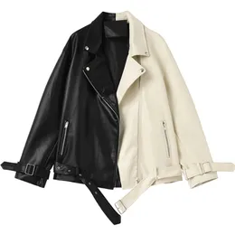 Women's Leather Faux FTLZZ Spring Autumn Lapel Splicing Pu Jacket Women Moto Frenulum Soft Coat Casual Loose Outwear With Belt 221111