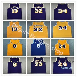 Men Vintage Basketball Wilt Chamberlain Jersey 13 Dennis Rodman 73 Jerry West 44 Artest Worthy Johnson 32 Stitched Yellow Purple''nb