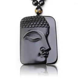 Anh￤nger Halsketten Mode f￼r M￤nner mit Ketten Naturstein Obsidian geschnitzte Seiten Buddha Kopfperlen Halskette Schmuck Frauen Geschenk