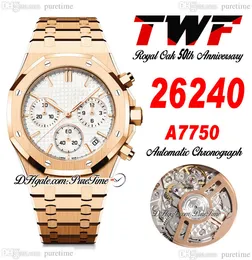 50Th Anniversary A7750 Automatic Chronograph Mens Watch 2624 ETA 41mm Rose Gold White Textured Stick Dial Stainless Steel Bracelet Oak Super Edition Puretime F6