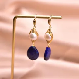 Dangle Earrings Fashion Natural Freshwater Pearl And Lazuli Lapis Hook Women Girls Vintage Eardrop Jewelry