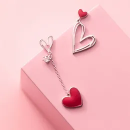 Asymmetric Red Heart Stud Earrings For Women Creative Hollow Zircon Pearl Earrings Girl Party Jewelry Gift