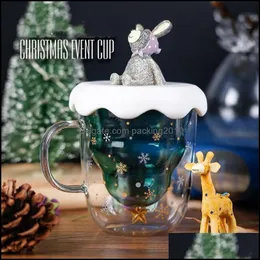 Muggar Newcute Christmas Tree Mug Double Wall Glass kaffekoppar med Silocone Lid Snowflake Star Xmas Gift Wine Te Milk Water Tumbler Dhija
