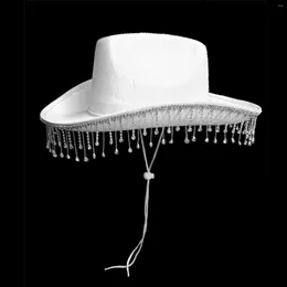 베레트 흰색 신부 크리스탈 카우걸 모자 의상 의상을위한 바람 끈을 가진 의상