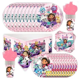 Decoración de la fiesta Gabby Dollhouse Cumpleaños desechables Papel Paper Cup Cup Silloth Sticker para Girl Babyshower Suministros