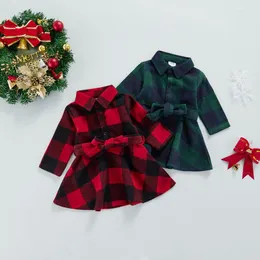 Kız elbiseler kız bebek ekose baskı elbise sevimli uzun kollu düğme ön kuşaklı gevşek ceket Noel gömlek