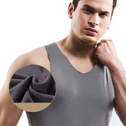 Herrtankstoppar Autumn Men's Top Seamless T-shirt Thin Velvet Ice Silk Vest For Man Solid V Neck Sleeveless Underhirt Male Bottoming
