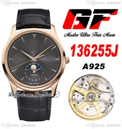 GF Master Ultra Thin A925 Orologio da uomo automatico 136255J Moon Phase Changes Mensile 39mm Oro rosa Quadrante grigio Cinturino in pelle marrone Orologi Super Edition Puretime E5